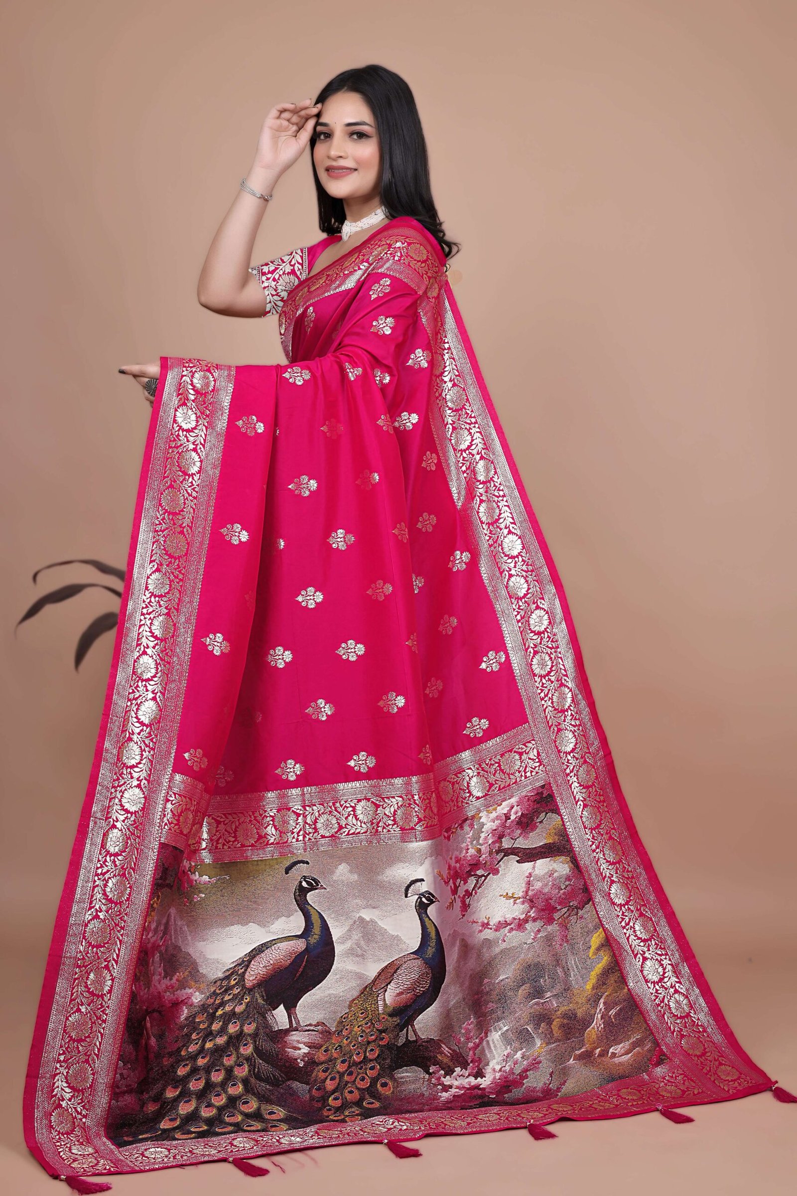 Majestic Magenta Silk Saree with Silver Zari & Twin Peacock Pallu | Wedding, Festive & Traditional Wear - Image 5