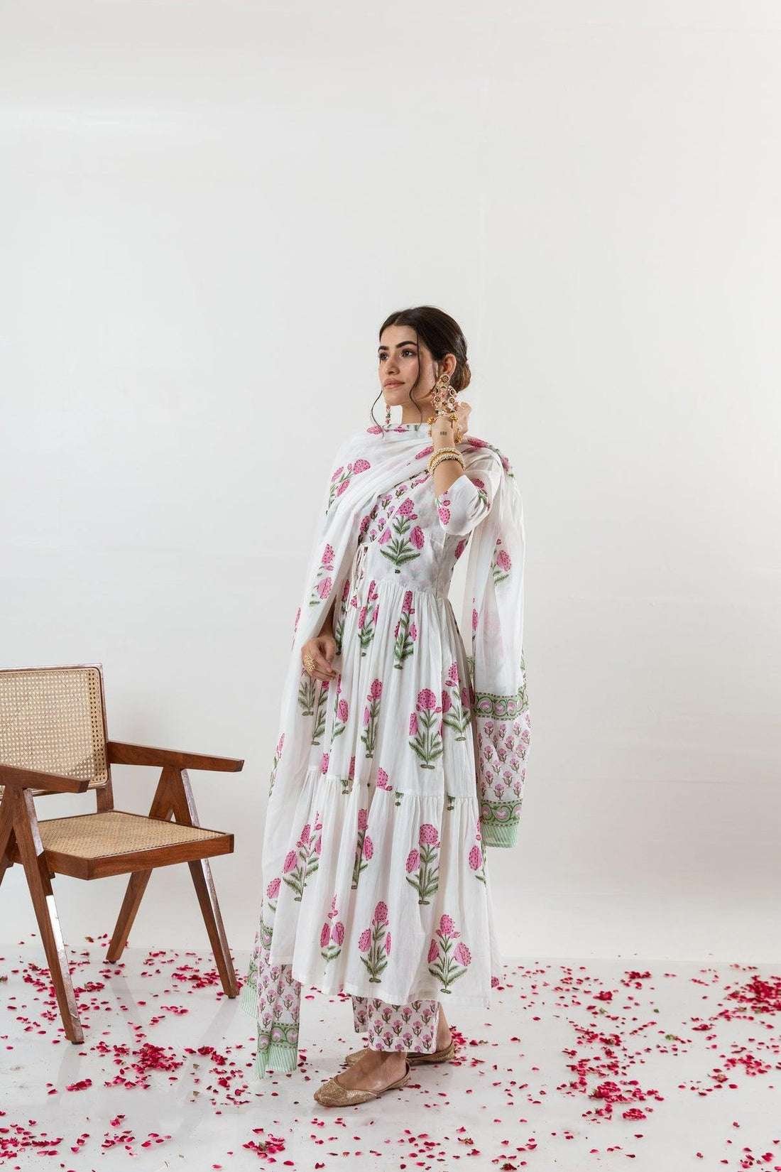 Women's Cotton Floral Printed Long Anarkali Kurti with Pant and Dupatta - Image 3