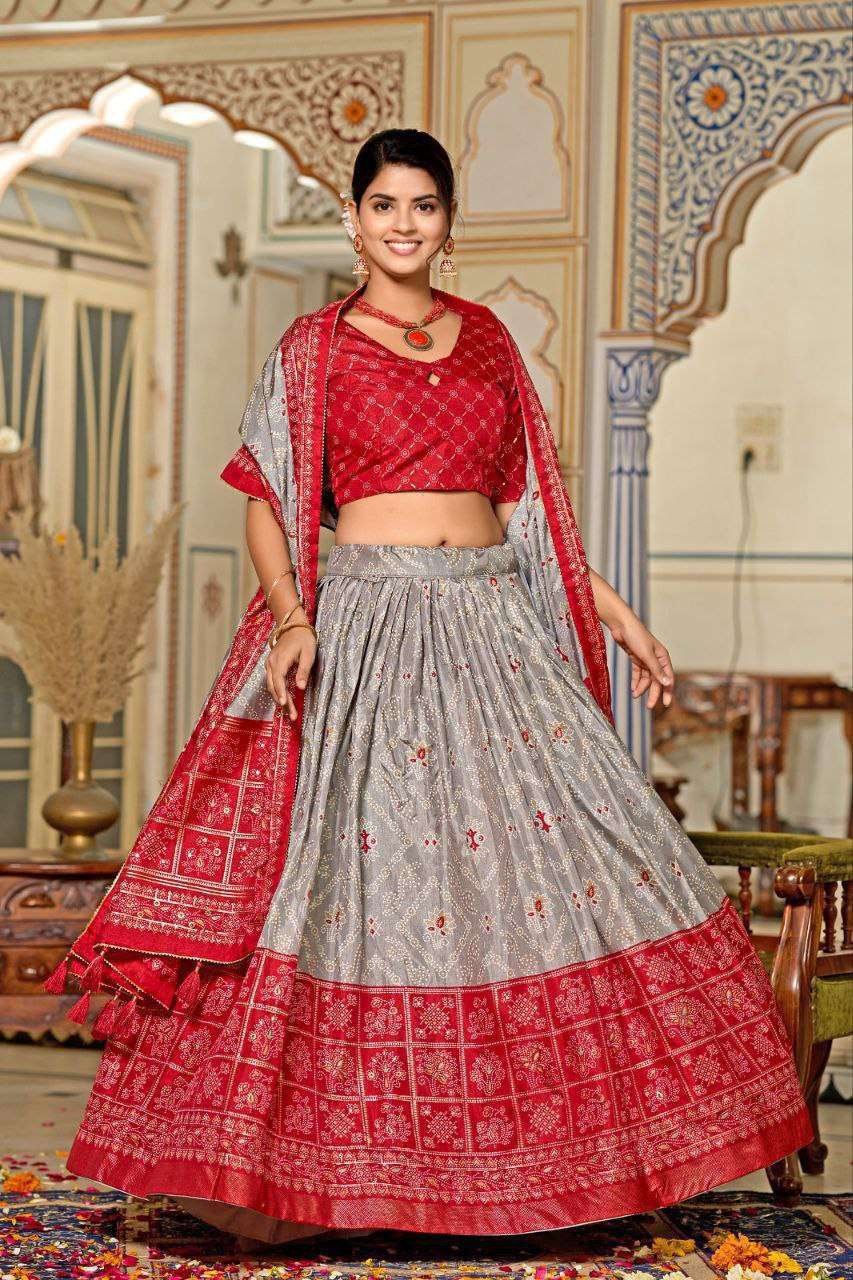 Grey Dola Silk Lehenga Choli with Red Blouse & Minakari Foil Print | Wedding & Party Wear