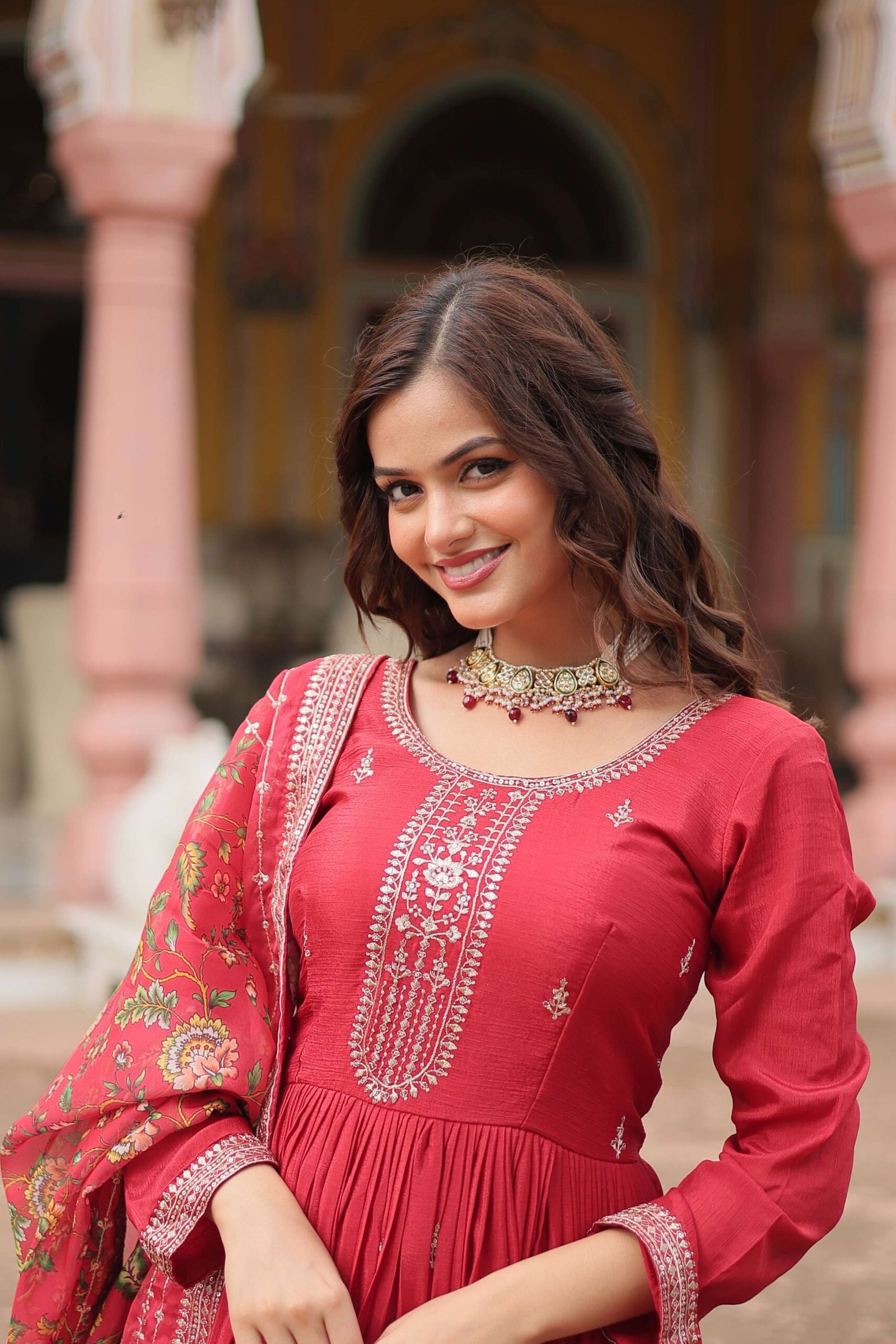 Maroon Designer Chinon Sequins Embroidered Gown with Kalamkari Silk Dupatta - Image 6