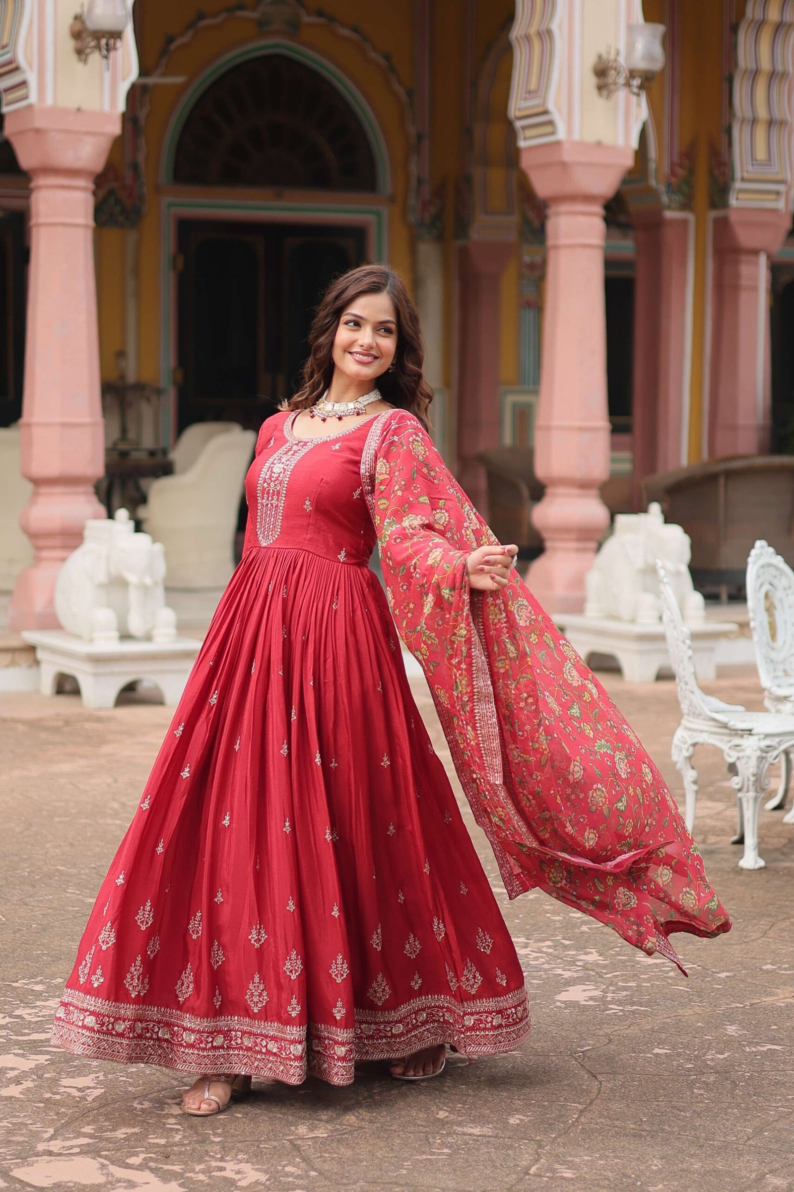 Maroon Designer Chinon Sequins Embroidered Gown with Kalamkari Silk Dupatta - Image 4
