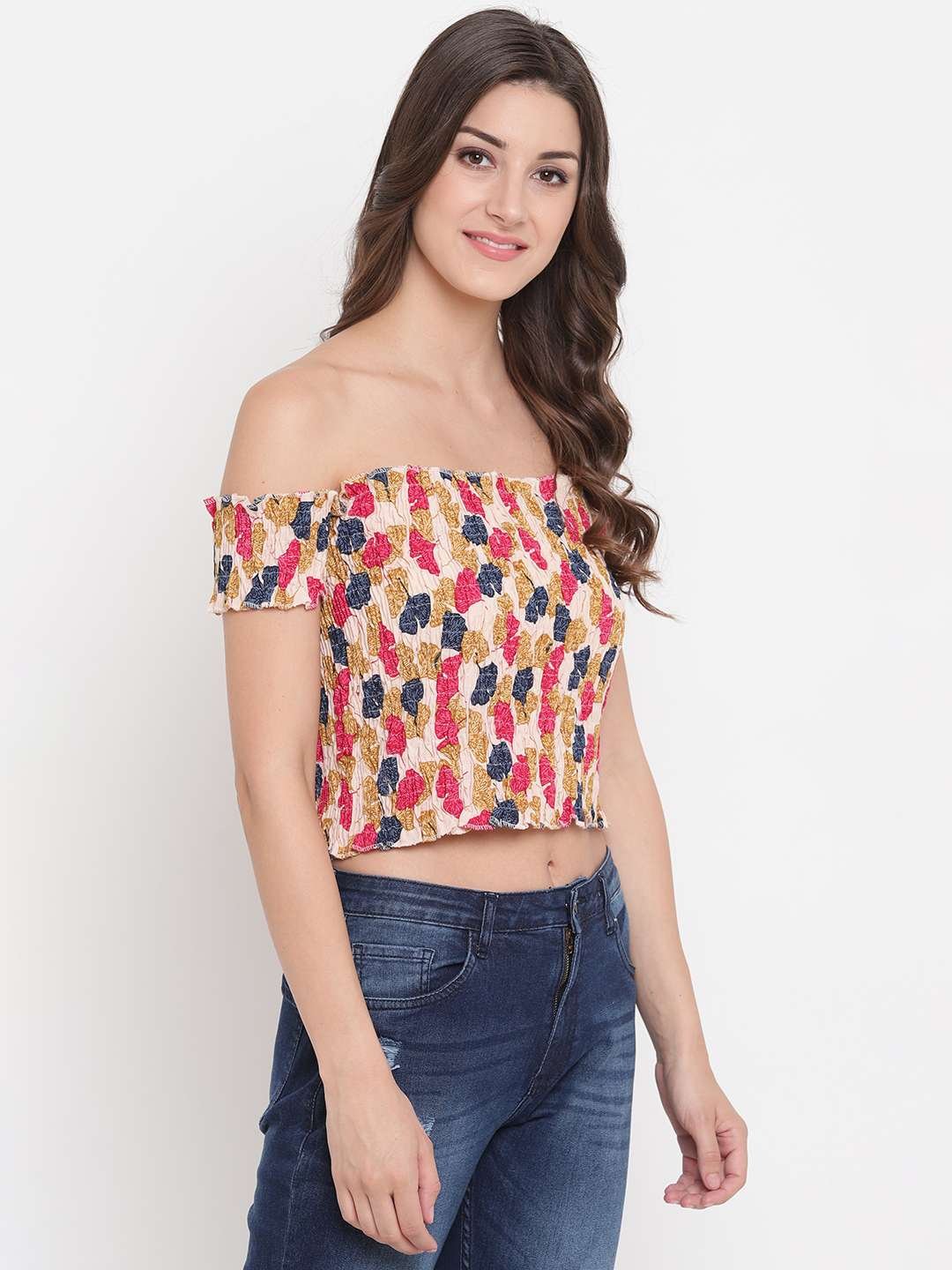 Women's Rayon Printed Off-Shoulder Smocked Crop Top Short Sleeve Casual Styles Tank Top (FREE SIZE) Multi32 - Image 2