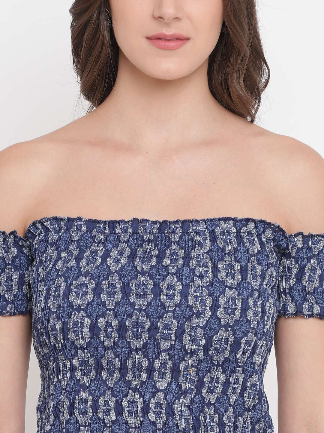 Women's Rayon Printed Off-Shoulder Smocked Crop Top Short Sleeve Casual Styles Tank Top (FREE SIZE) Multi42 - Image 4
