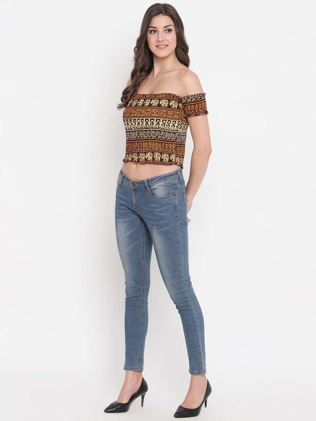 Women's Rayon Printed Off-Shoulder Smocked Crop Top Short Sleeve Casual Styles Tank Top (FREE SIZE) Multi5 - Image 3