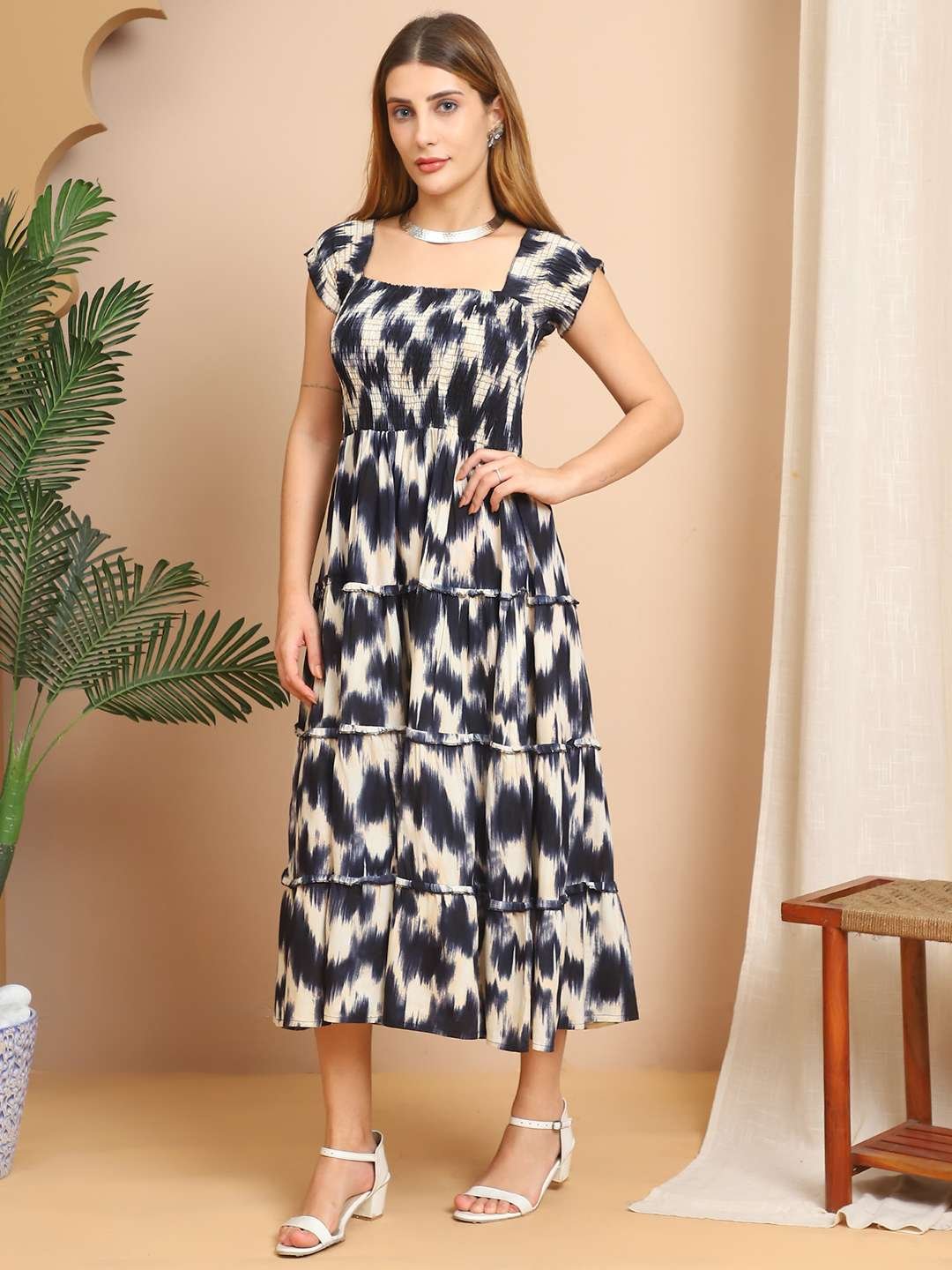 Women's Viscos Rayon Printed Off Shoulder Midi Dress For Summer And Casual Wear (Blue Cream)