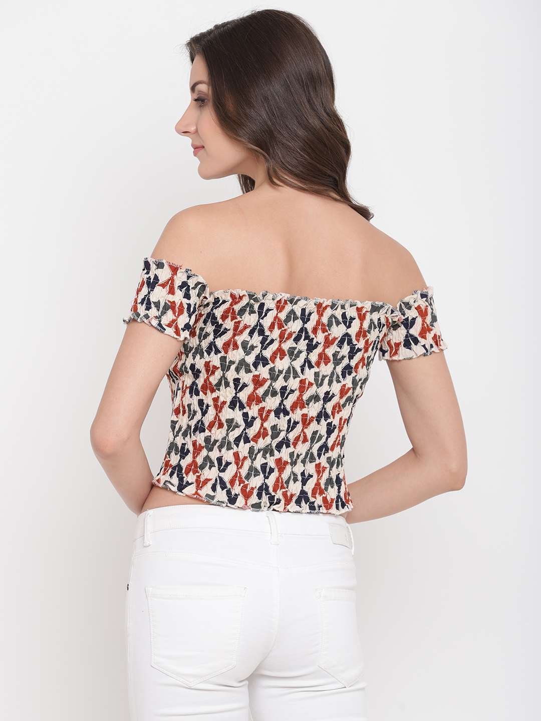 Women's Rayon Printed Off-Shoulder Smocked Crop Top Short Sleeve Casual Styles Tank Top (FREE SIZE) Multi46