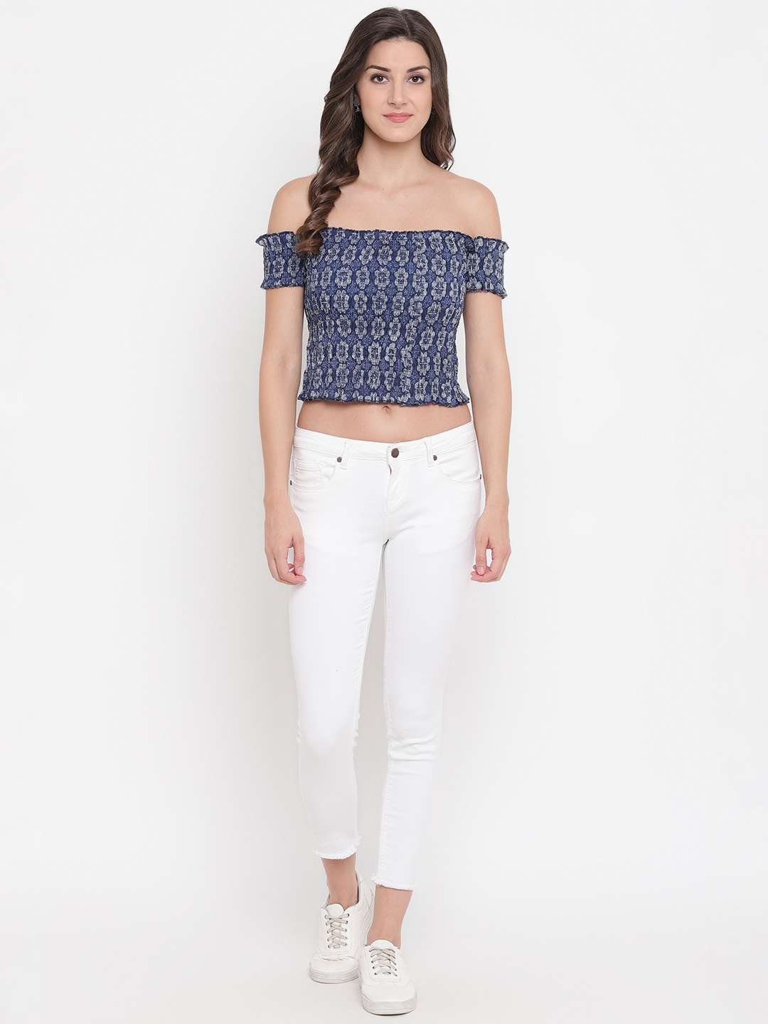 Women's Rayon Printed Off-Shoulder Smocked Crop Top Short Sleeve Casual Styles Tank Top (FREE SIZE) Multi42 - Image 2