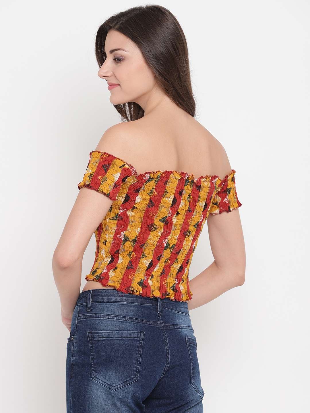 Women's Rayon Printed Off-Shoulder Smocked Crop Top Short Sleeve Casual Styles Tank Top (FREE SIZE) Multi39 - Image 2
